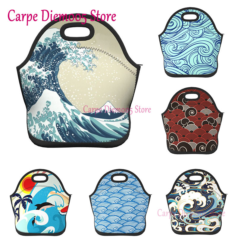 Tote Bag Sublimation - Neoprene Lunch Bag Japan Wave Lunch